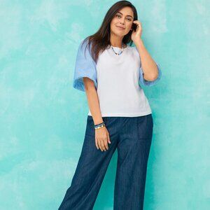 NWT Woven Sleeve Crewneck Tee - White with blue sleeves Size L